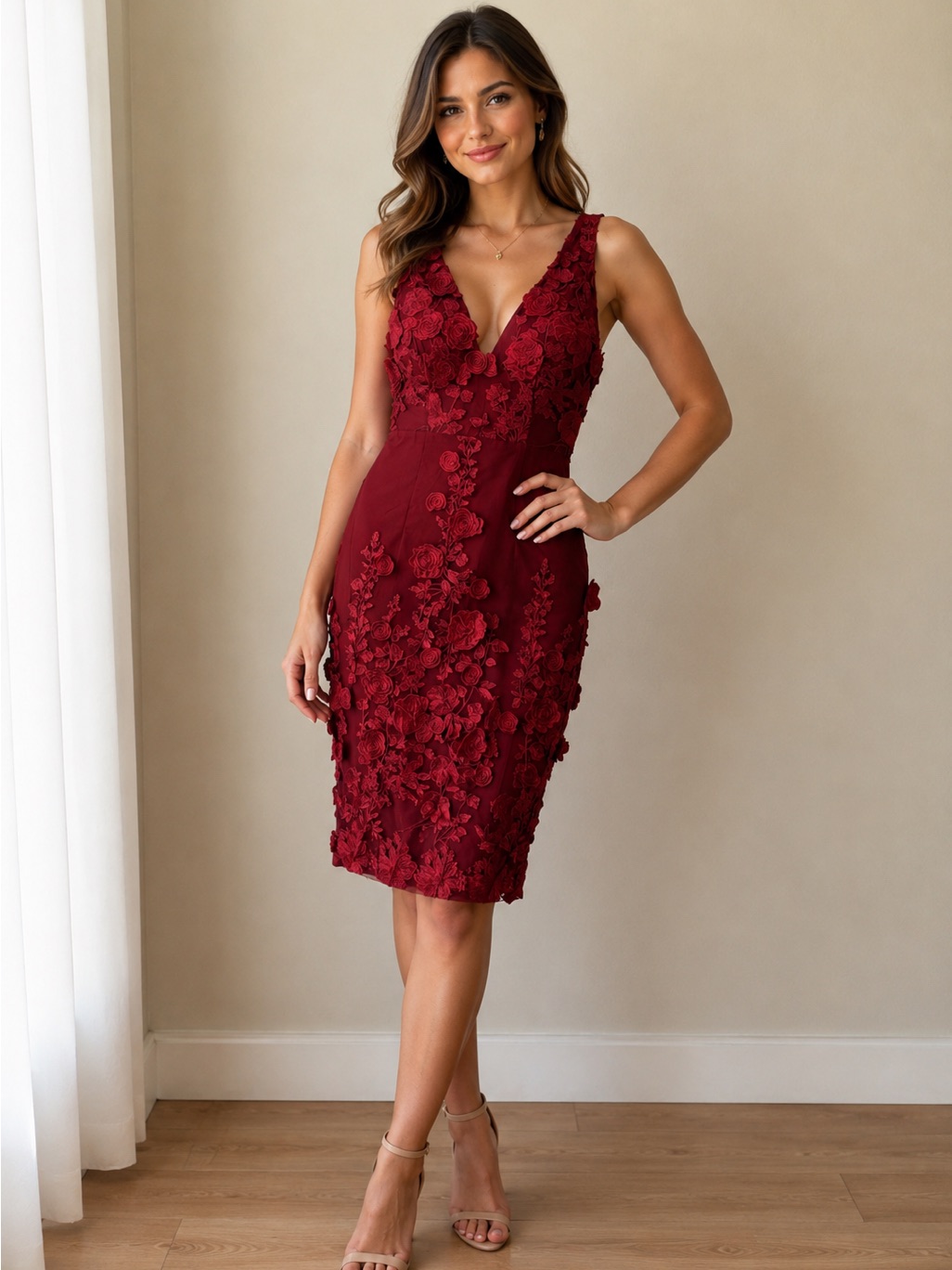 Deep Red Floral Appliqu V-Neck Midi Dress